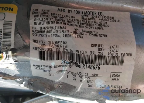 2020 Ford Fusion Se z USA, uszkodzony, nr VIN 3FA6P0HD6LR148676